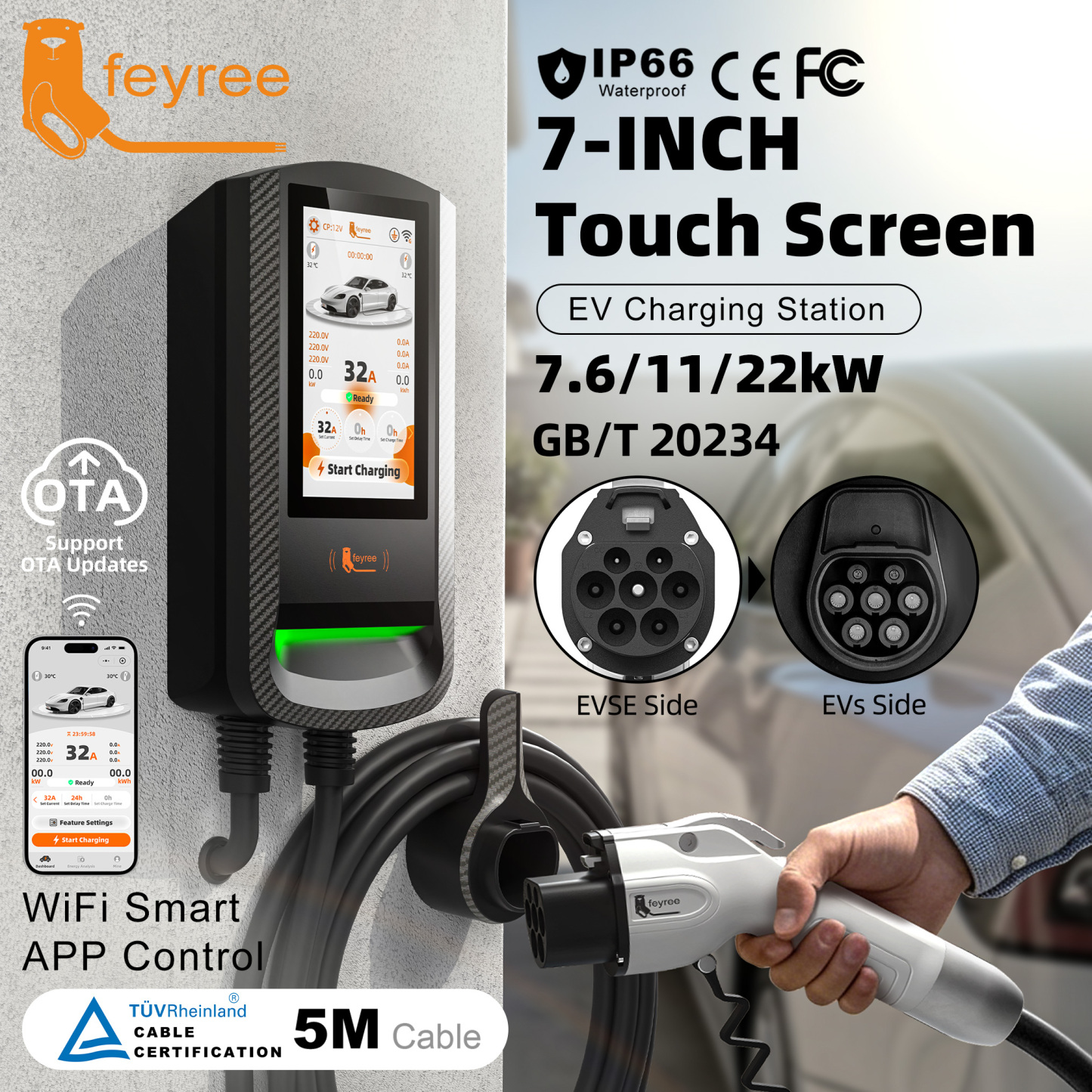 feyree GBT EV Wallbox RFID Card&Smart APP Control 7Inch Touch Screen OTA Upgrade Charging Log Home Charging Station for EV cars