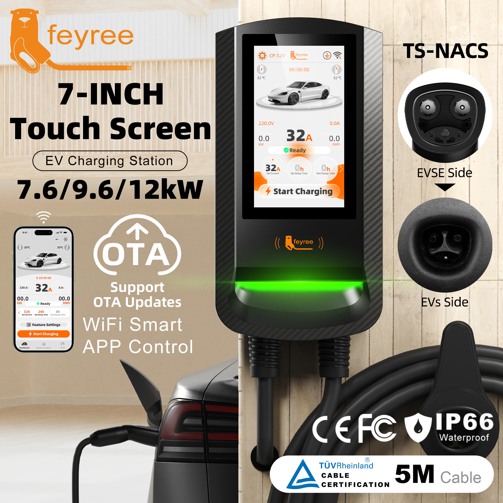 feyree Tesla 7.6/9.6/12kW EV Charger Wallbox 7Inch Touch Smart APP Control OTA Upgrade Charging Log Home EV Charging Station