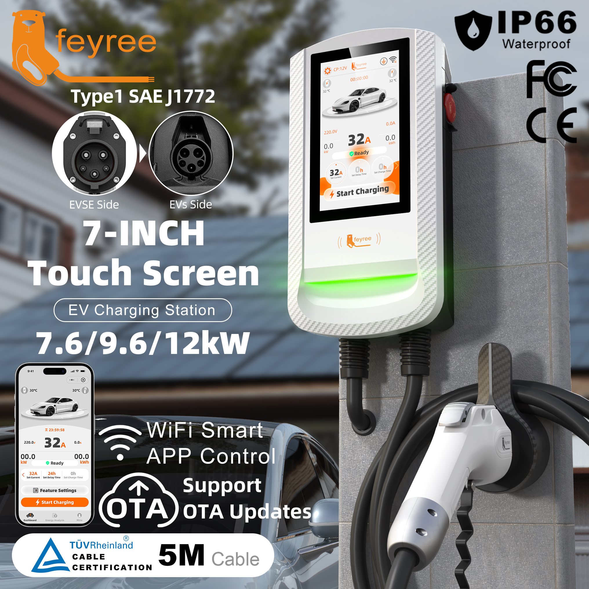 Feyree Type1 EV Wallbox with 7-Inch Touch Screen OTA Upgrade Smart APP Charging History & Safety for Exclusive Home Use