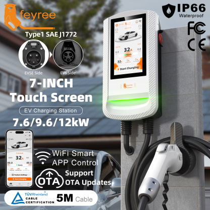 Feyree Type1 EV Wallbox with 7-Inch Touch Screen OTA Upgrade Smart APP Charging History & Safety for Exclusive Home Use