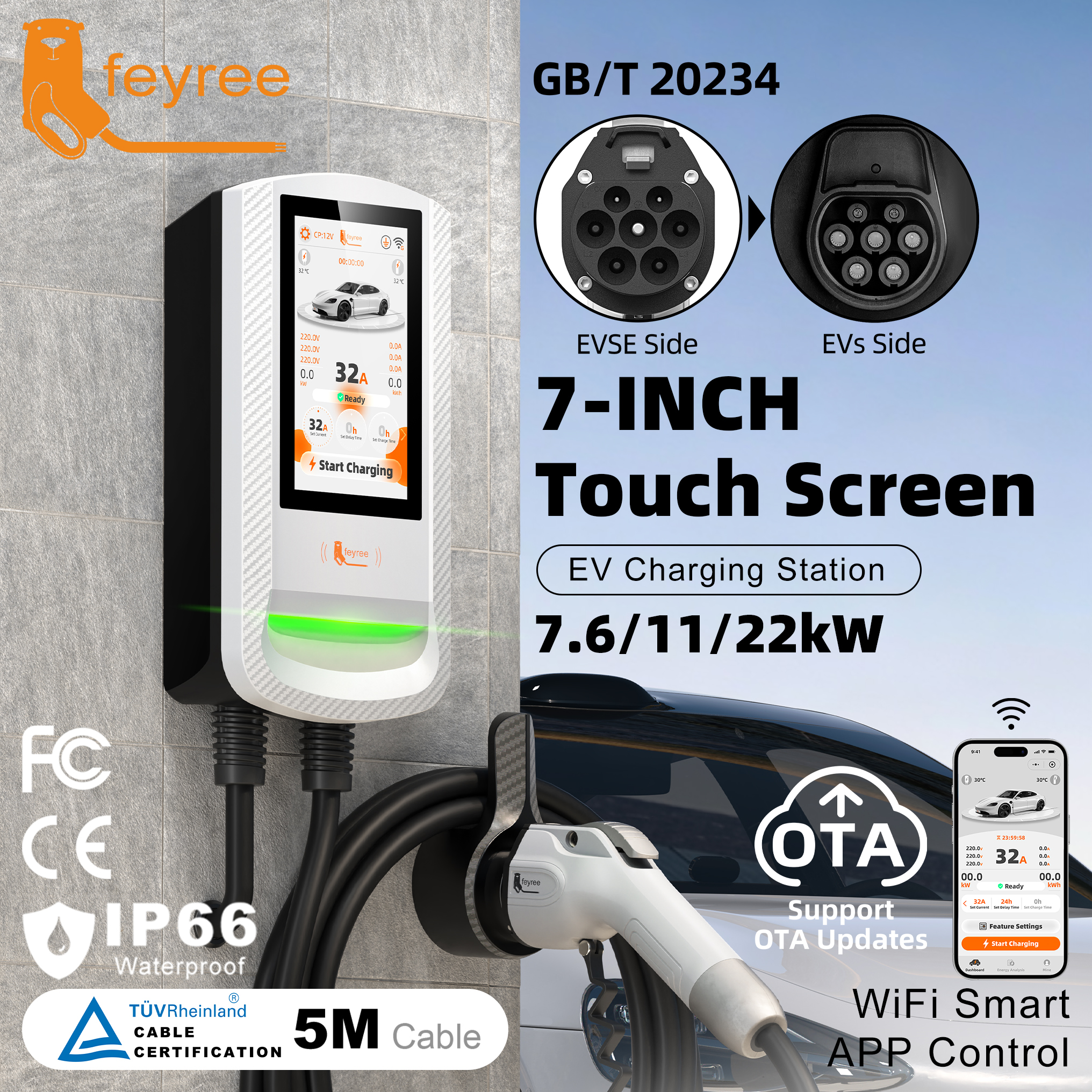 Feyree GBT EV Charger 7 Inch Touch Screen Password Lock with Charging History and OTA Upgrade Smart Home Charging Station