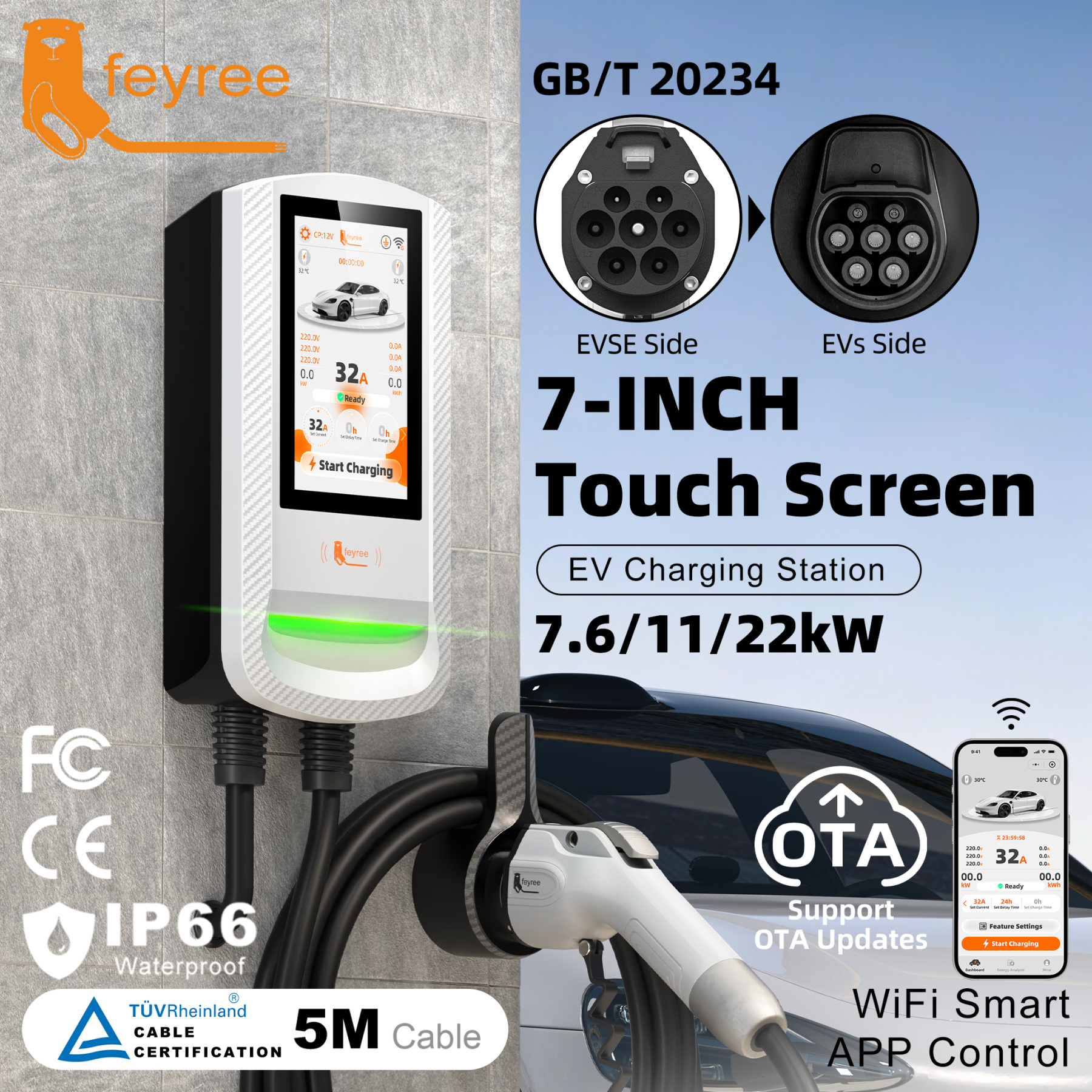 Feyree GBT EV Charger 7 Inch Touch Screen Password Lock with Charging History and OTA Upgrade Smart Home Charging Station