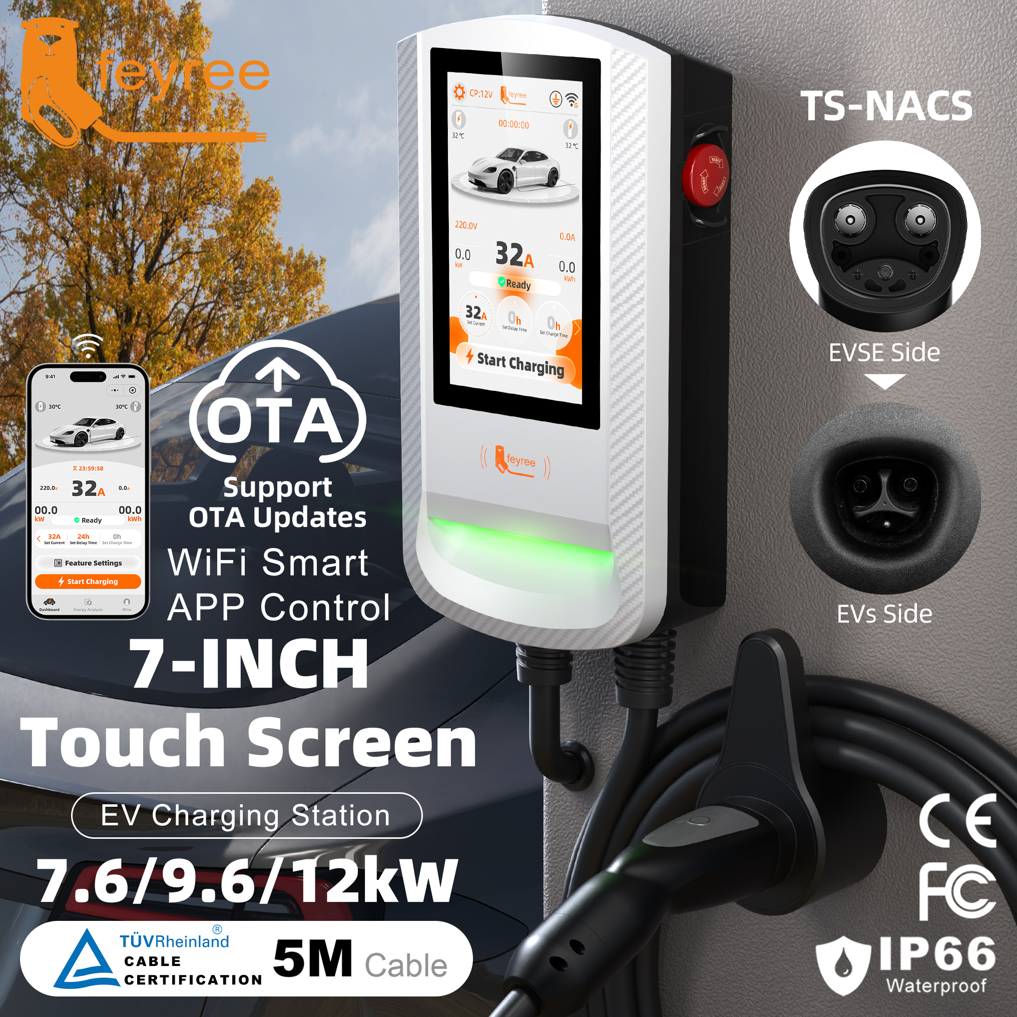 Feyree EV Charging Station 32A 7KW 12KW TS‑NACS Wallbox EVSE with 7Inch Touch Screen APP Control 9.6KW Charger for Electric Car