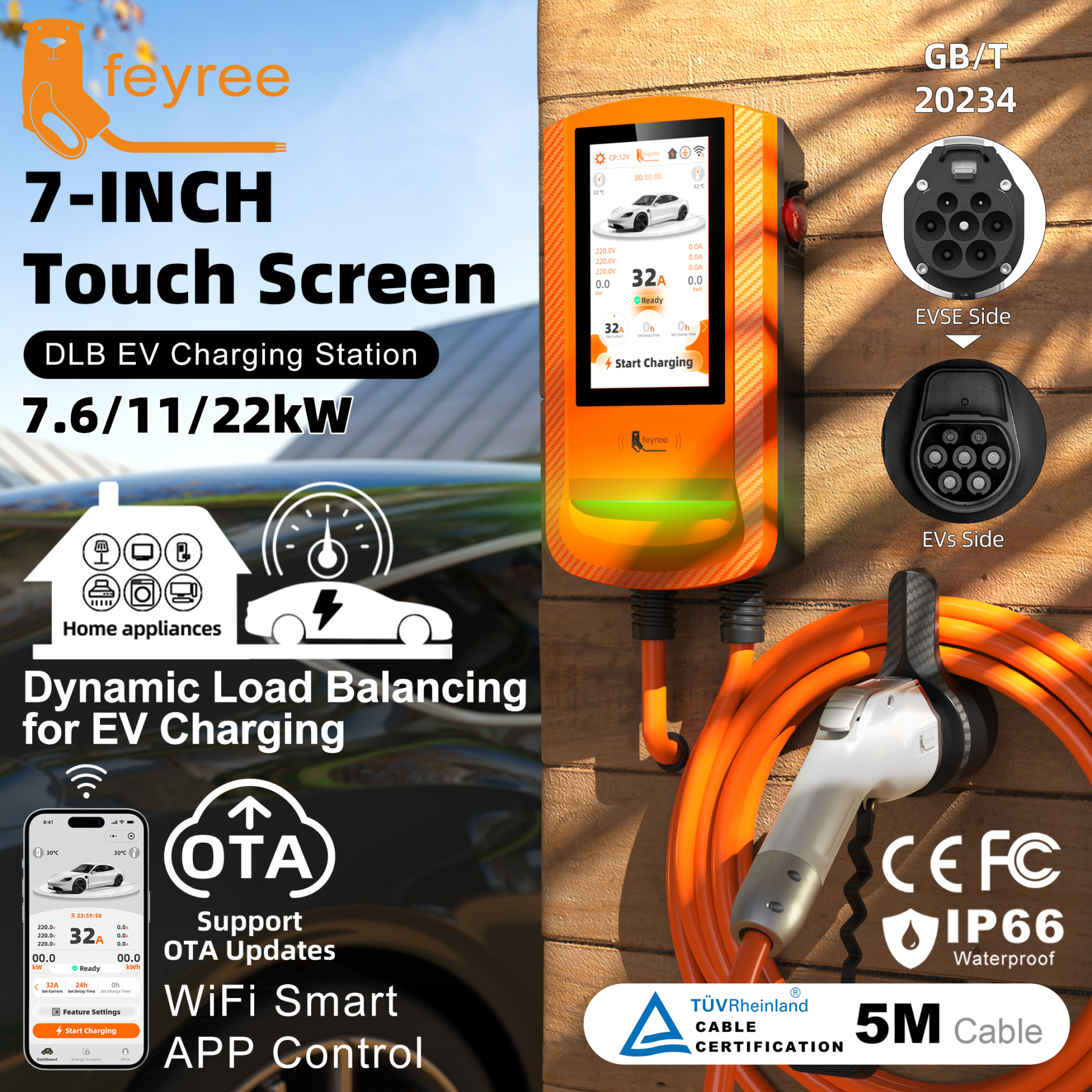 Feyree EV Charger GB/T Socket 7.6kw 32A DLB Wallbox 7inch Touch Screen APP Charge History Record 11kw 22kw 3P Charging Station