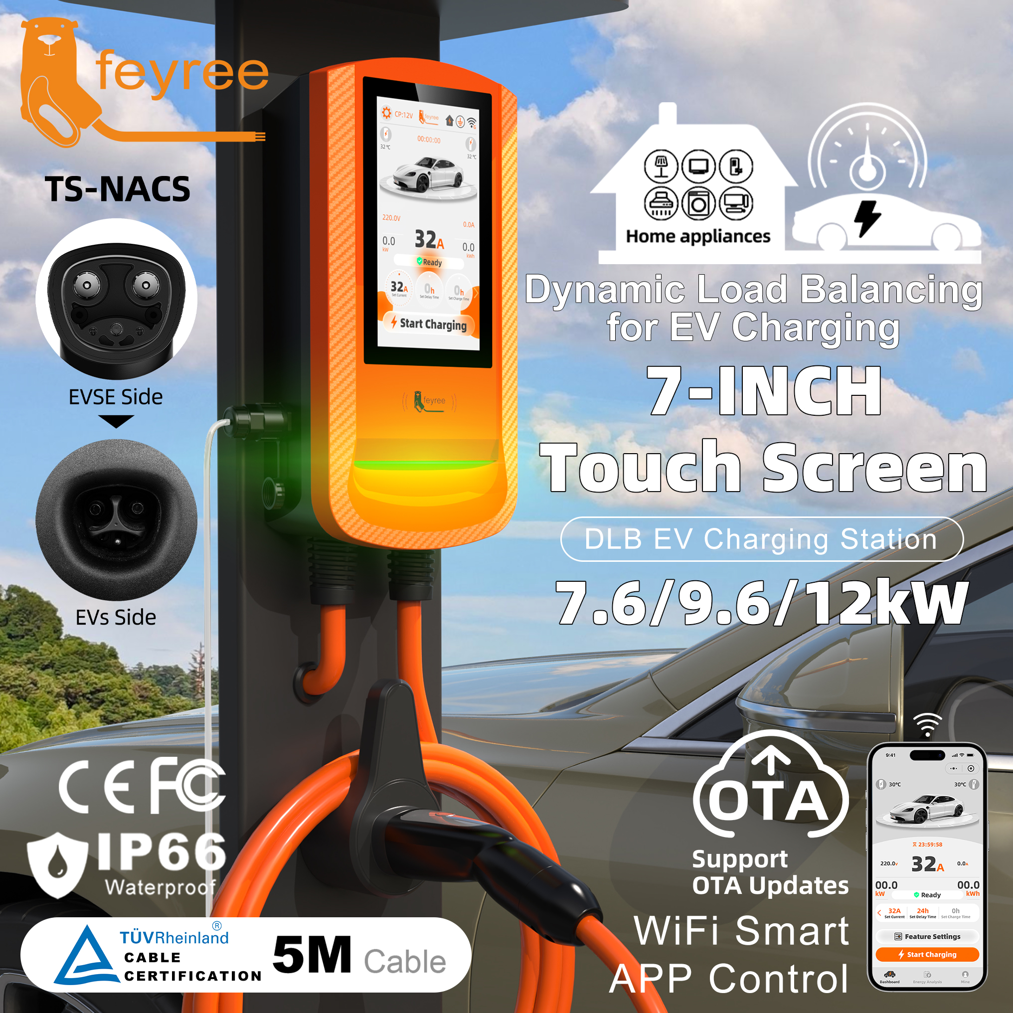 Feyree DLB EV Charging Station 32A 7/9.6/12KW TS‑NACS Wallbox EVSE w/7Inch Touch Screen APP Control Fast Charger for Electric EV
