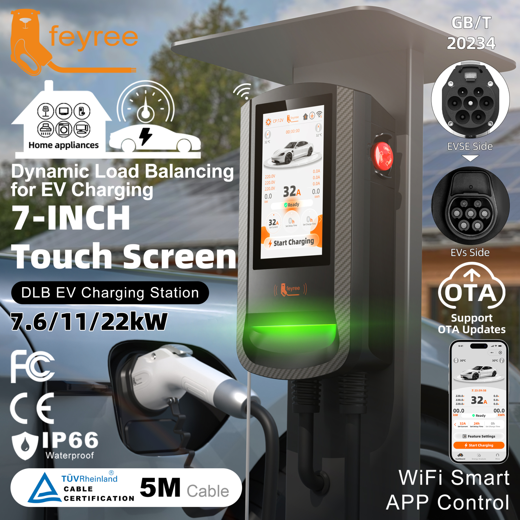 Feyree GBT 7-Inch Touth Screen EV Wallbox Smart Dynamic Load Balance RFID Card APP Control EV Charging Station for Outdoor Use