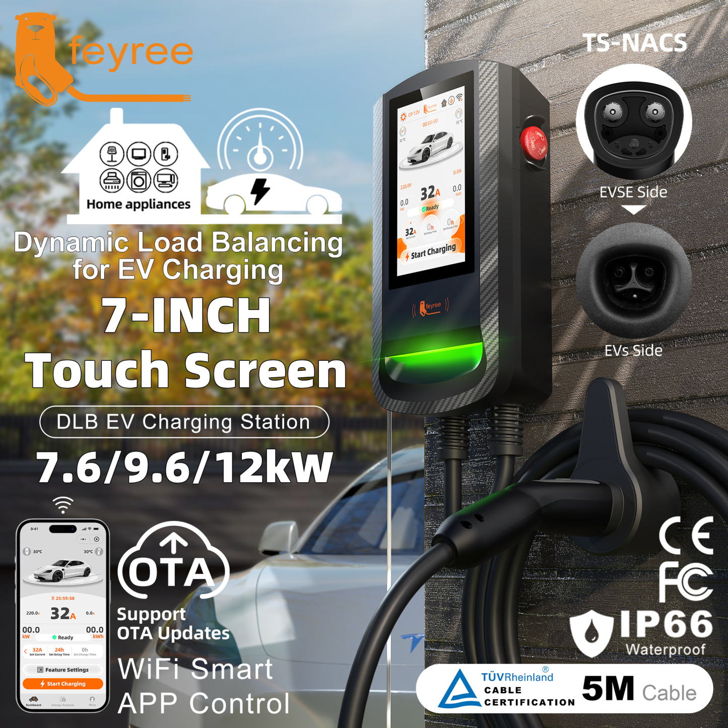 [Copy]Feyree DLB EV Charging Station 32A 7/9.6/12KW TS‑NACS Wallbox EVSE w/7Inch Touch Screen APP Control Fast Charger for Electric EV