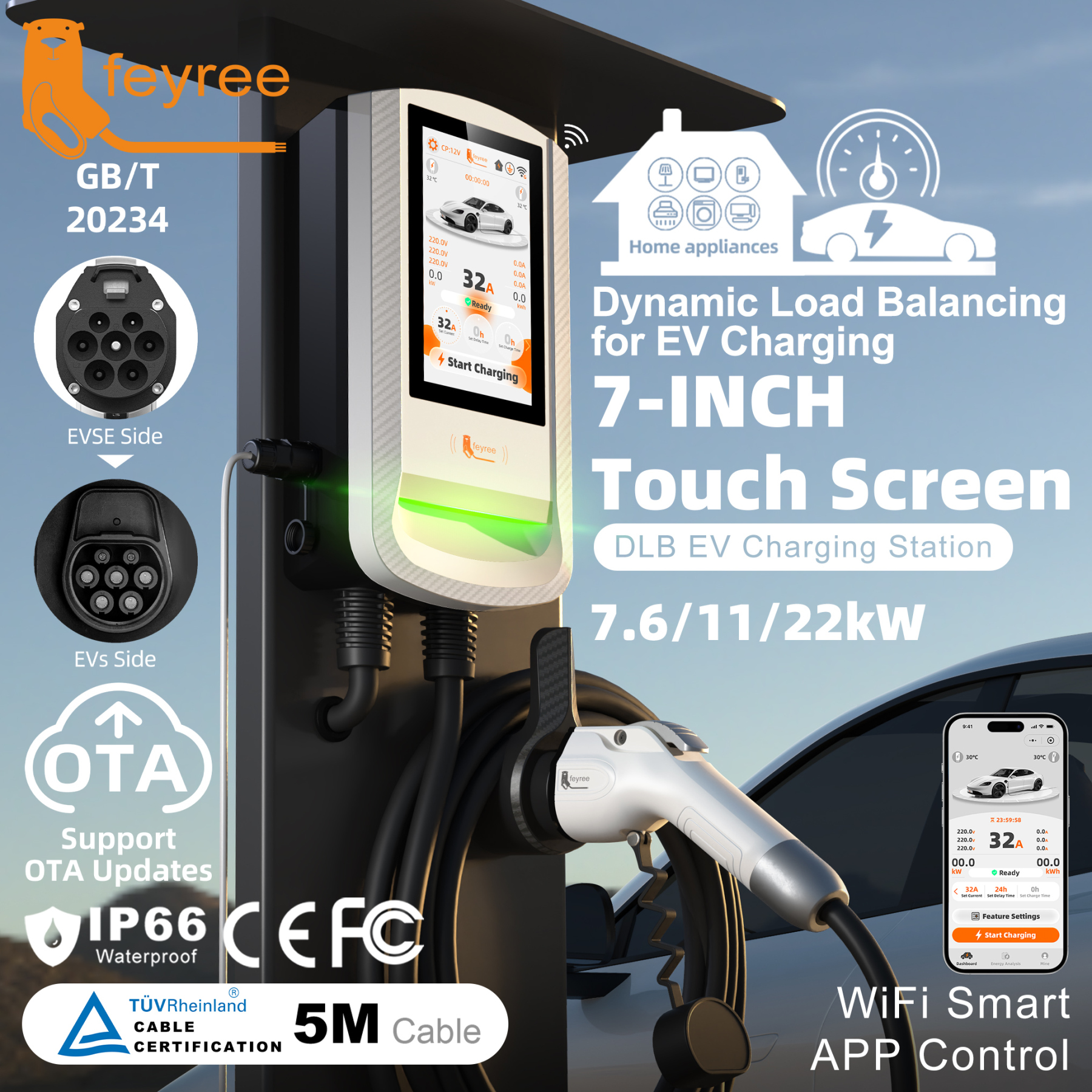 Feyree GBT 22kW 32A 3 Phase Touch Screen EV Wallbox Smart DLB APP Control & Charging Log EV Charging Station for Outdoor Use