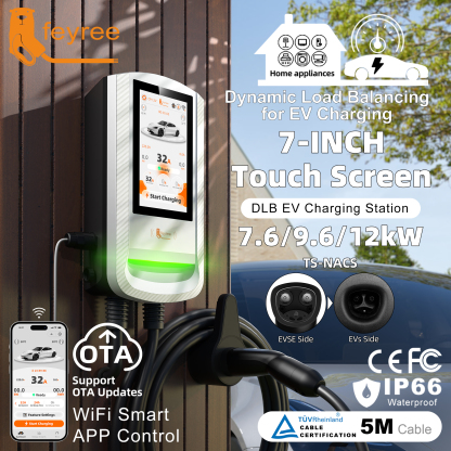Feyree TS-NACS 12kW 50A EV Wallbox Smart Dynamic Load Balance&OTA &Charging Log&APP Control EV Charging Station for Outdoor Use
