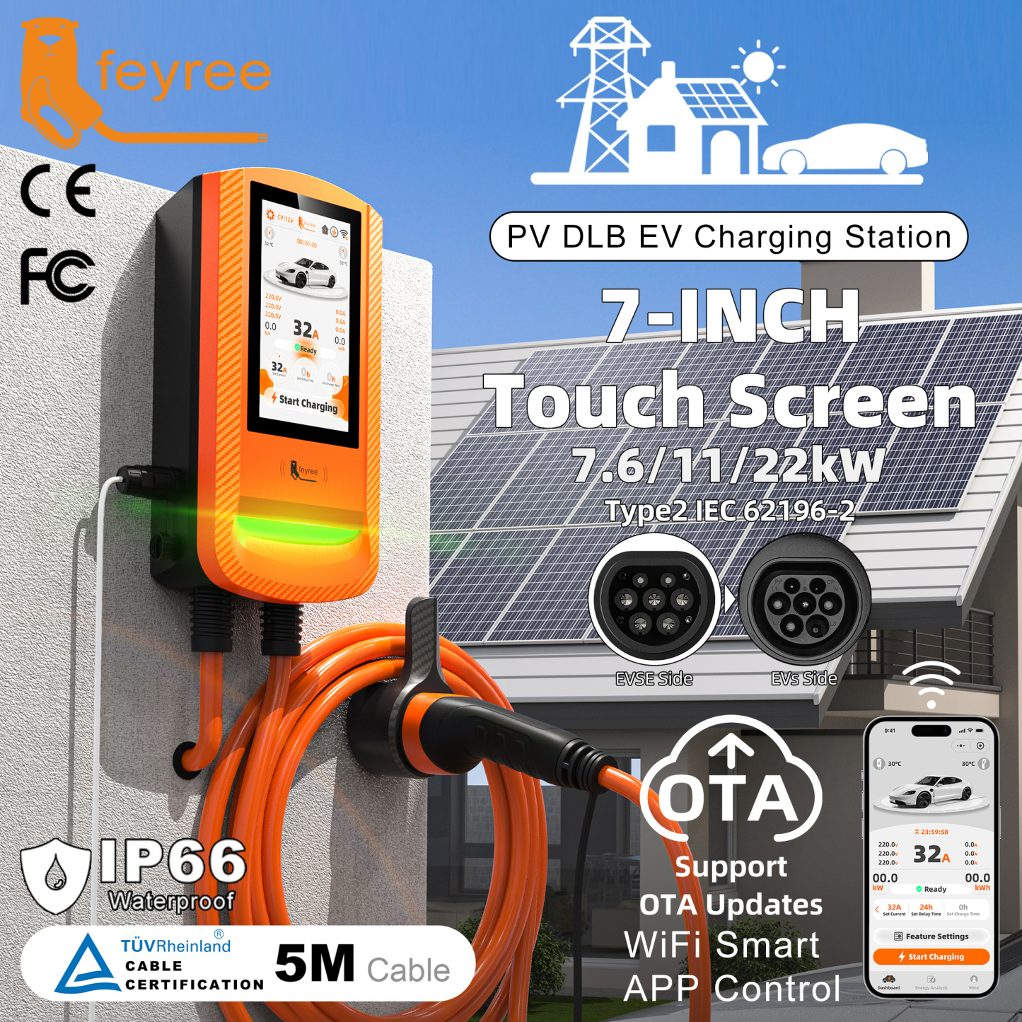 feyree 7 Inch Touch Screen Type2 EV Charger Smart APP Control Charging Log OTA Upgrade with PV Automatic Load Balancing Solar Charger