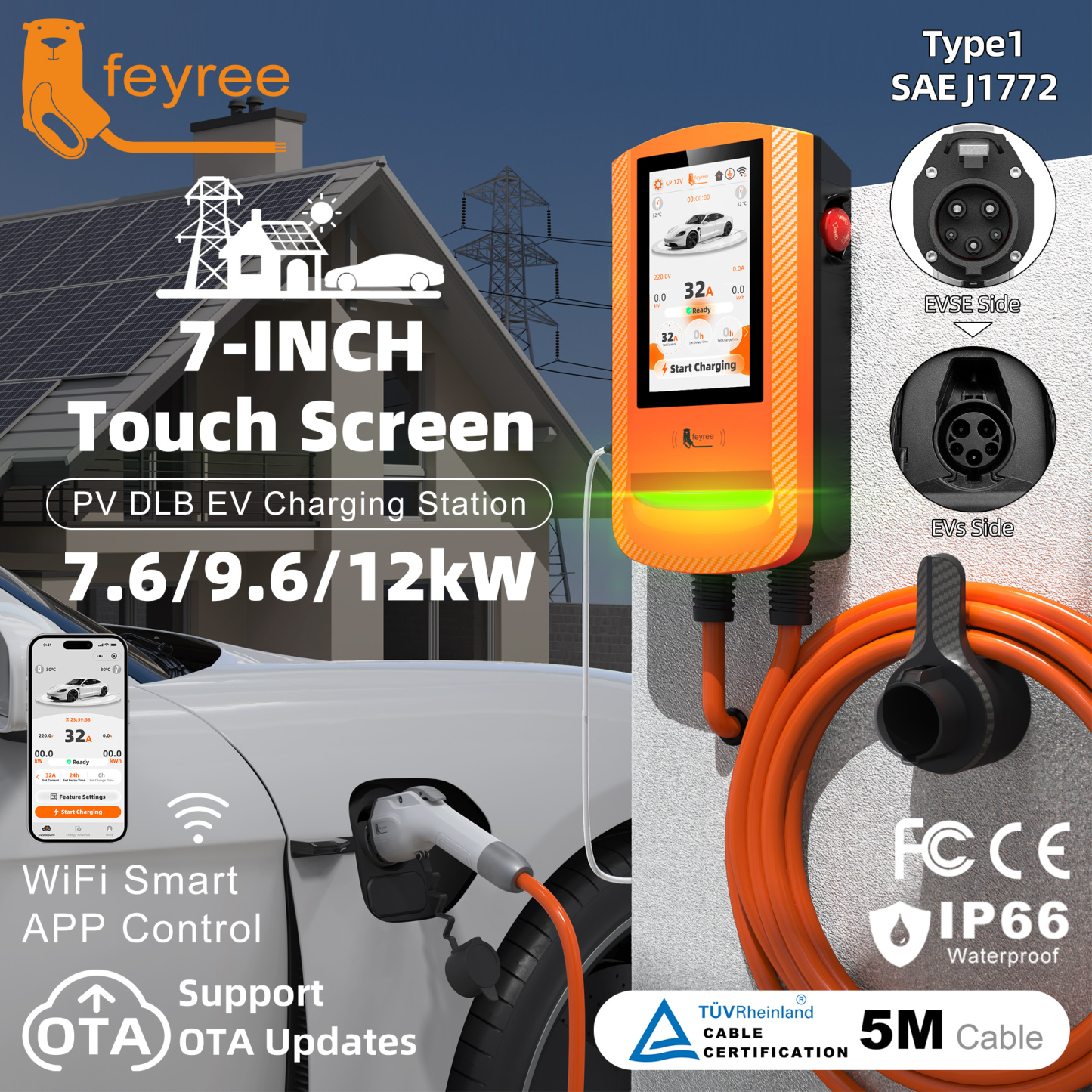 feyree 7 Inch Touch Screen Type 1 EV Charger Smart APP Charging Log OTA Upgrade with PV Automatic Load Balancing Solar Charger