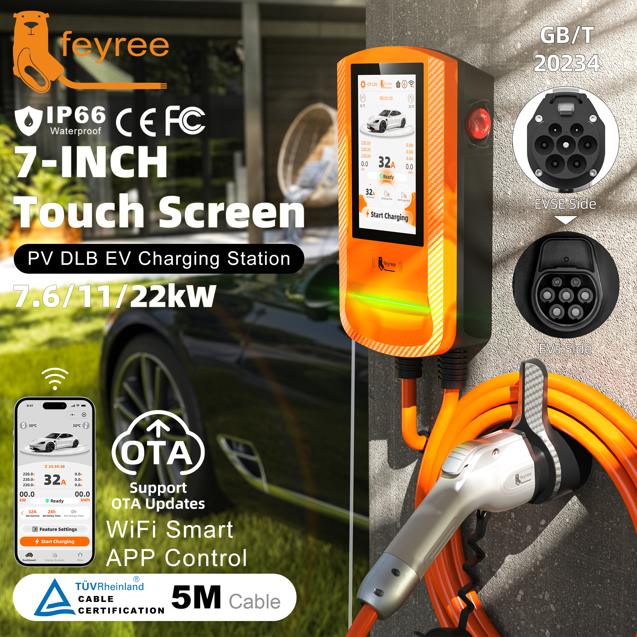feyree 7Inch 7.6/11/22kW GBT EV Charger APP Control OTA Upgrade Charging Log PV Solar Dynamic Load Balancing Wallbox for Homeuse