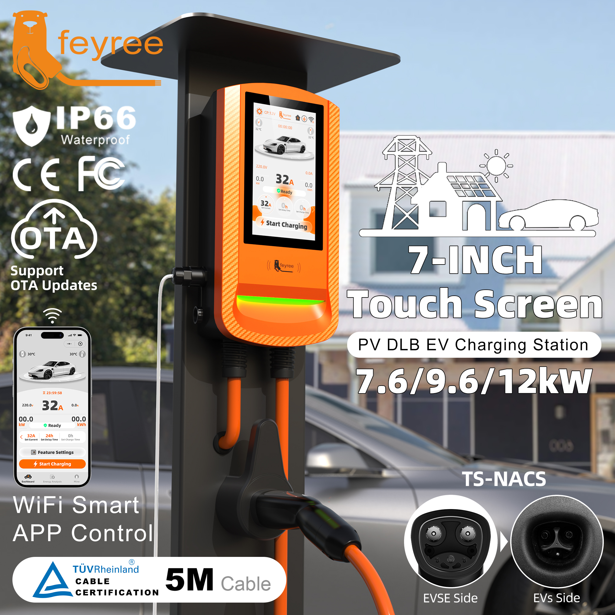 feyree TS-NACS EV Charger 7 Inch Touch Screen APP Control OTA Upgrade Charging Log PV Solar DLB Home Wallbox for TS-NACS EV Cars