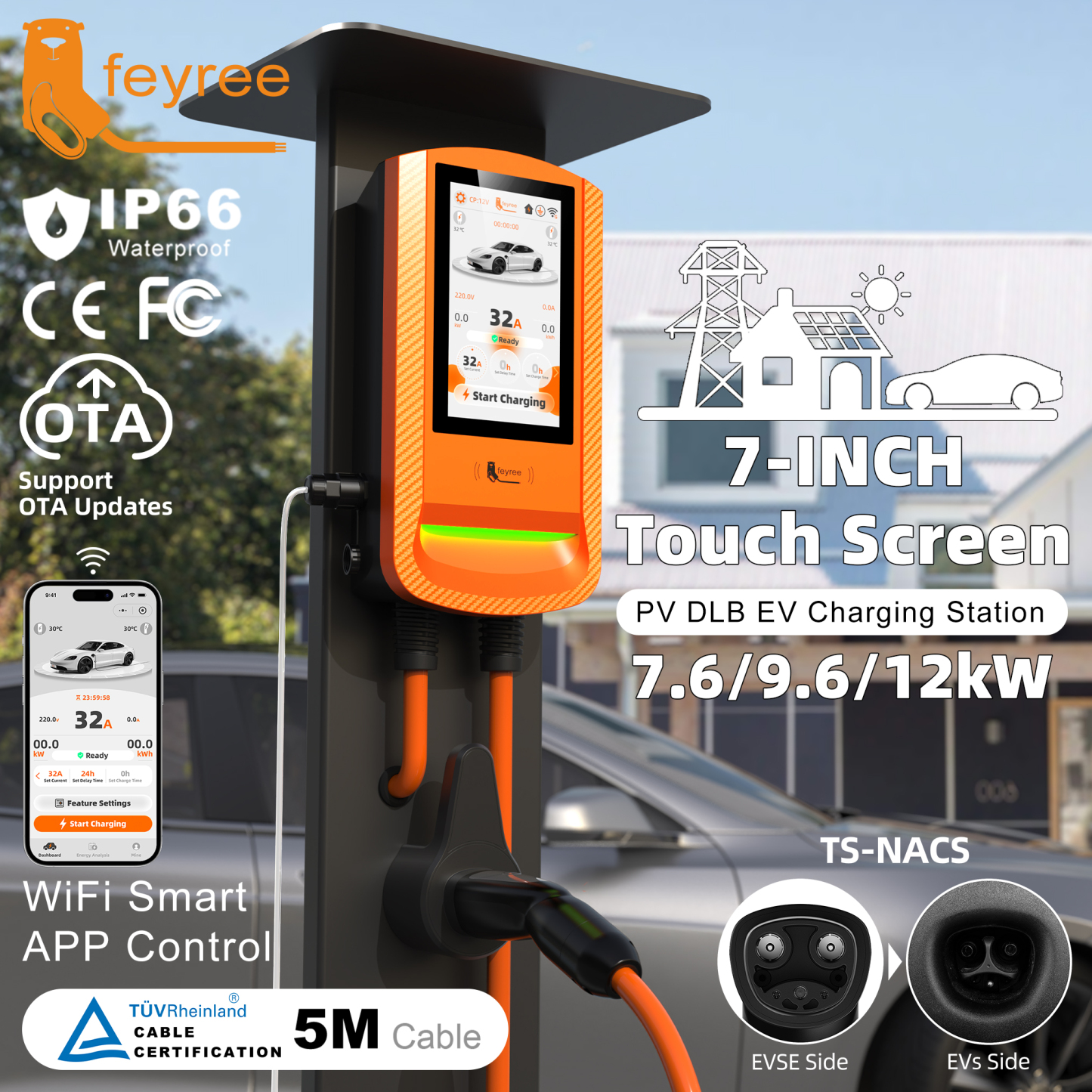 feyree TS-NACS EV Charger 7 Inch Touch Screen APP Control OTA Upgrade Charging Log PV Solar DLB Home Wallbox for TS-NACS EV Cars