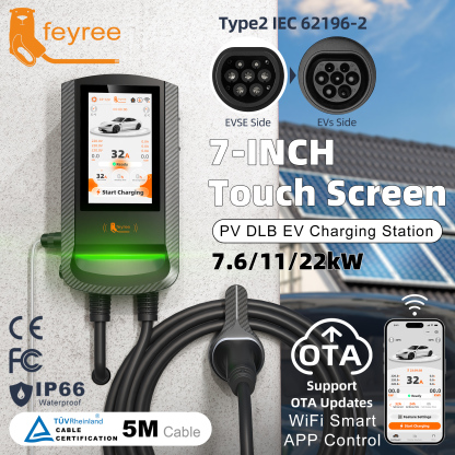 feyree Type 2 PV Solar DLB EV Charger 7/11/22KW Wallbox 7Inch Touch Screen APP Control OTA Upgrade Charging Log Home Wallbox