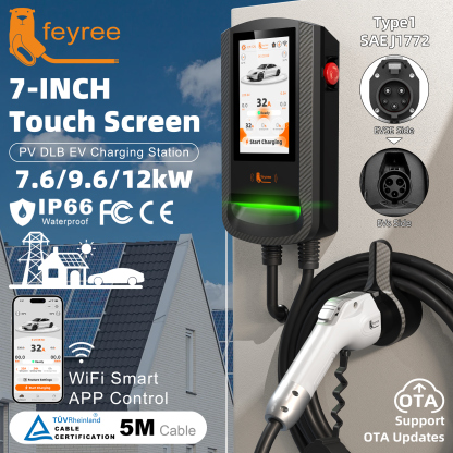 feyree Type1 7.6kW EV Wallbox 7Inch Touch Screen APP Control 9.6kW OTA Charge Log PV Solar Dynamic Load Balancing 12kW EVCharger