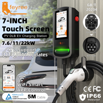 feyree GBT EV Charger 7 Inch Touch Screen APP Control OTA Upgrade Charging Log PV Solar DLB Home Wallbox for EV Cars Charging