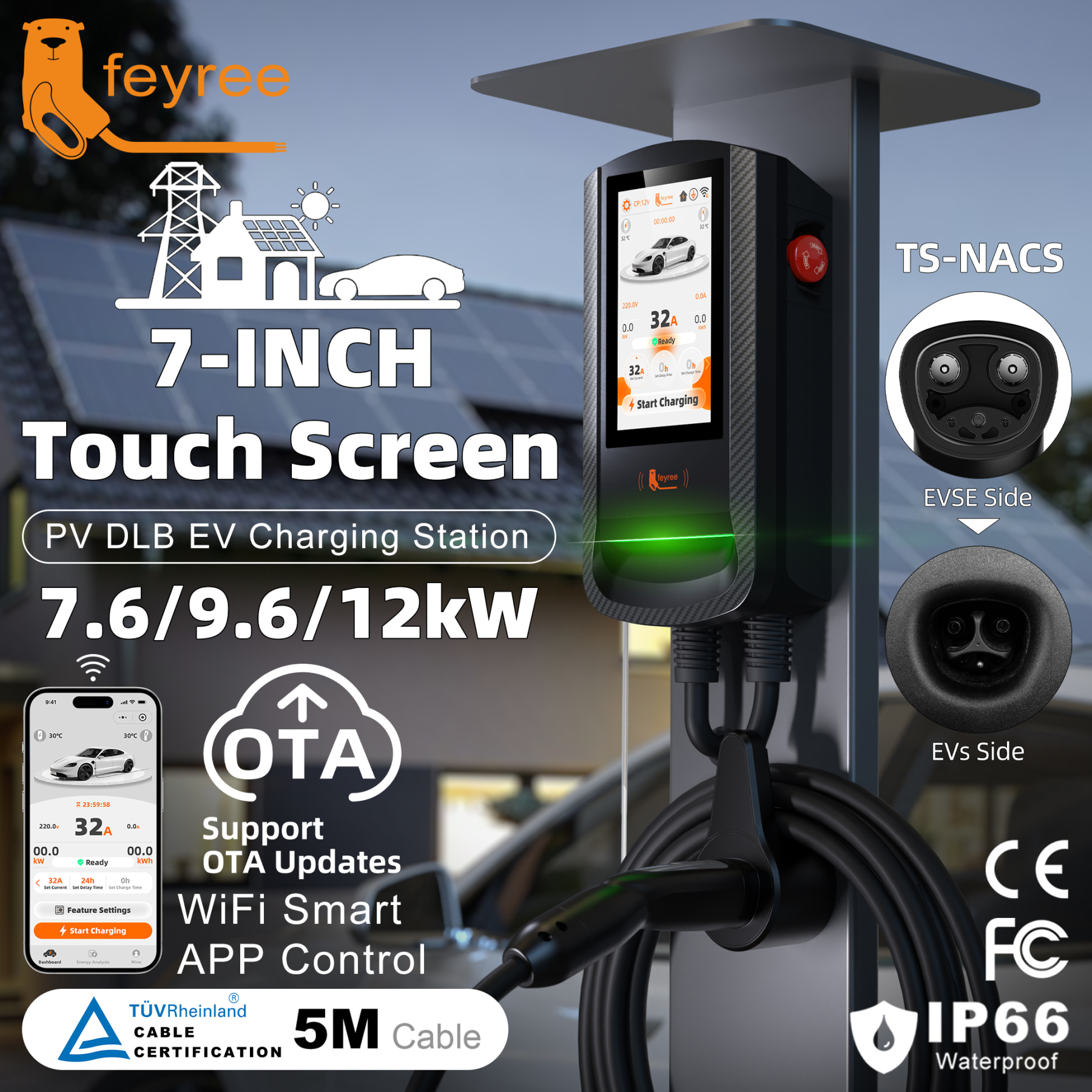  Feyree TS-NACS EV Charging Station PV solar DLB APP Control Charging Log 50A Electric Vehicle Tesla Wallmount for Home charging