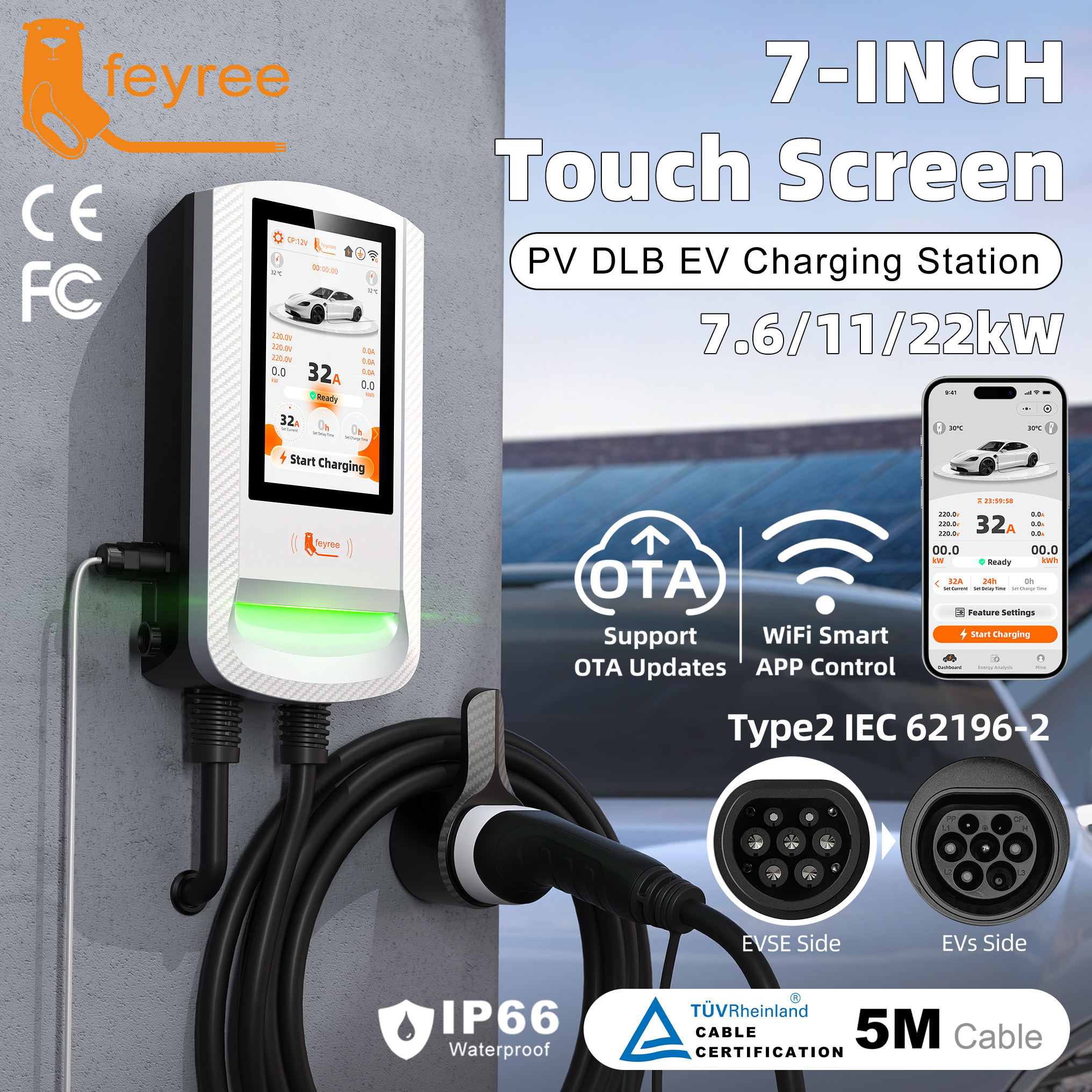 feyree Type2 EV Charger Smart APP Control with7 Inch Touch Screen Charging Log OTA Upgrade with PV  Load Balancing Solar Charger