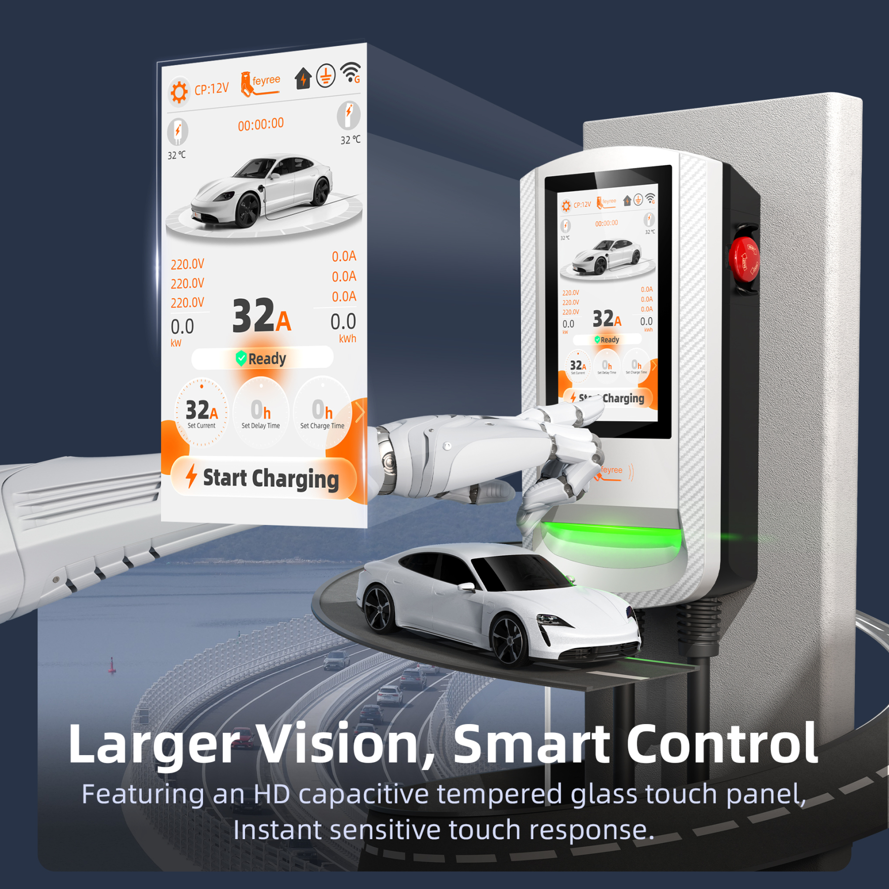 feyree Type2 EV Charger Smart APP Control with7 Inch Touch Screen Charging Log OTA Upgrade with PV  Load Balancing Solar Charger
