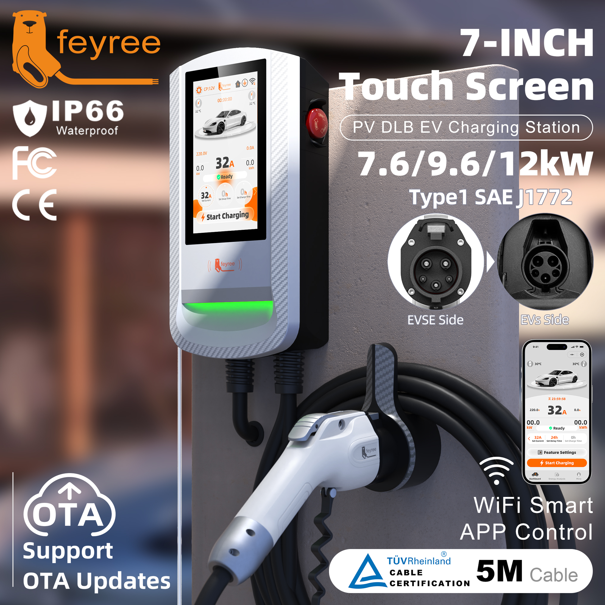 feyree Type 1 EV Charger 7 Inch Touch Screen APP Control OTA Upgrade Charging Log PV Solar Dynamic Load Balancing Home Wallbox