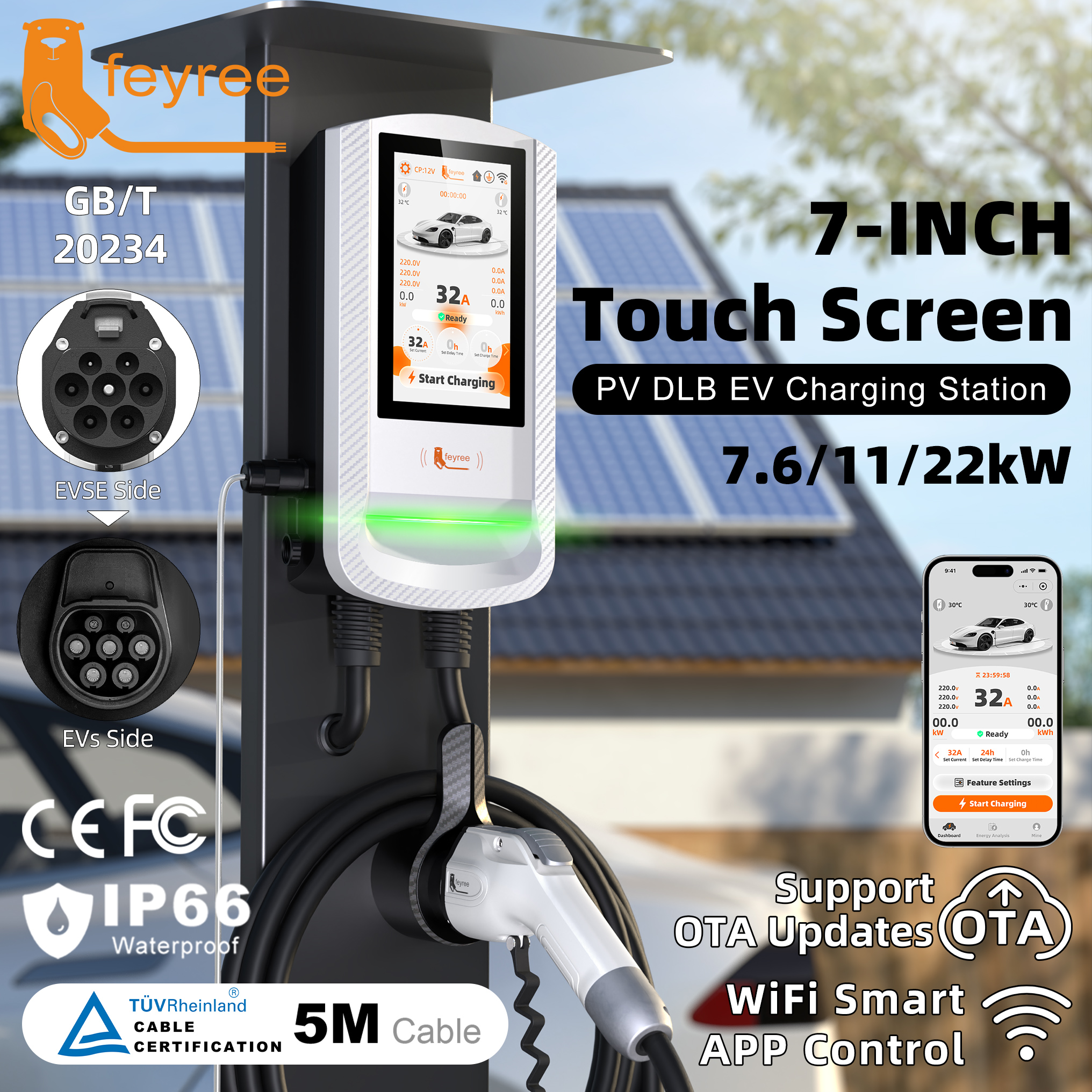 [Copy]feyree GBT EV Charger 7 Inch Touch Screen APP Control OTA Upgrade Charging Log PV Solar DLB Home Wallbox for EV Cars Charging