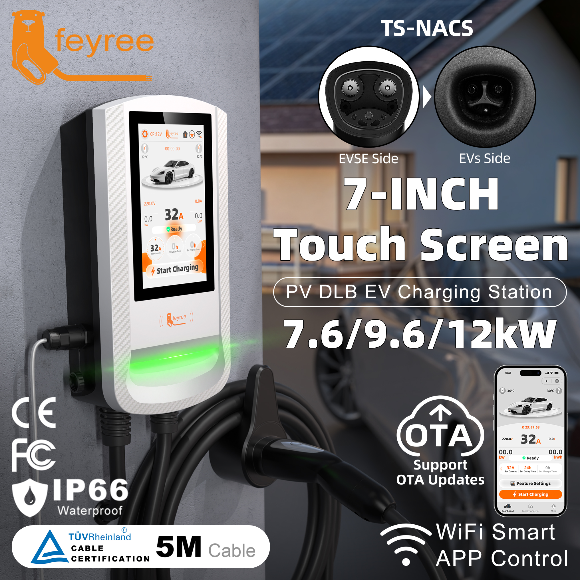 Feyree TS‑NACS PV DLB EV  Wallbox EVSE with 7Inch Touch Screen APP Control OTA Upgraded Fast Charger for Electric EV