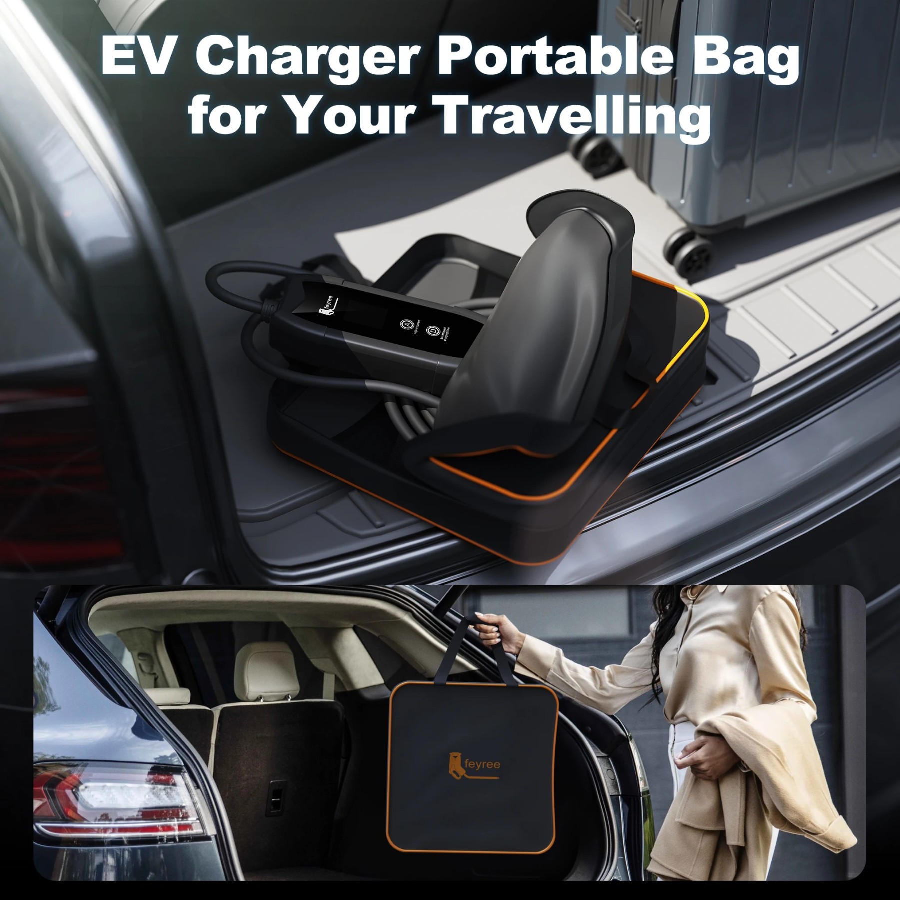 EV charger portable bag designed for travel, shown with the charger and cable neatly stored inside and a person carrying the bag from a car's trunk.