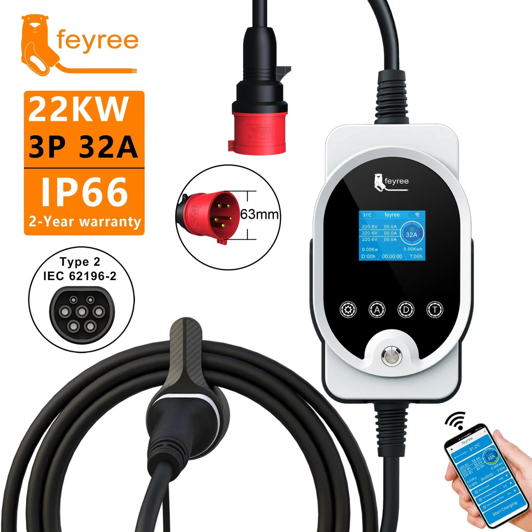 feyree Type2 EV Charger Portable 7KW With APP Control