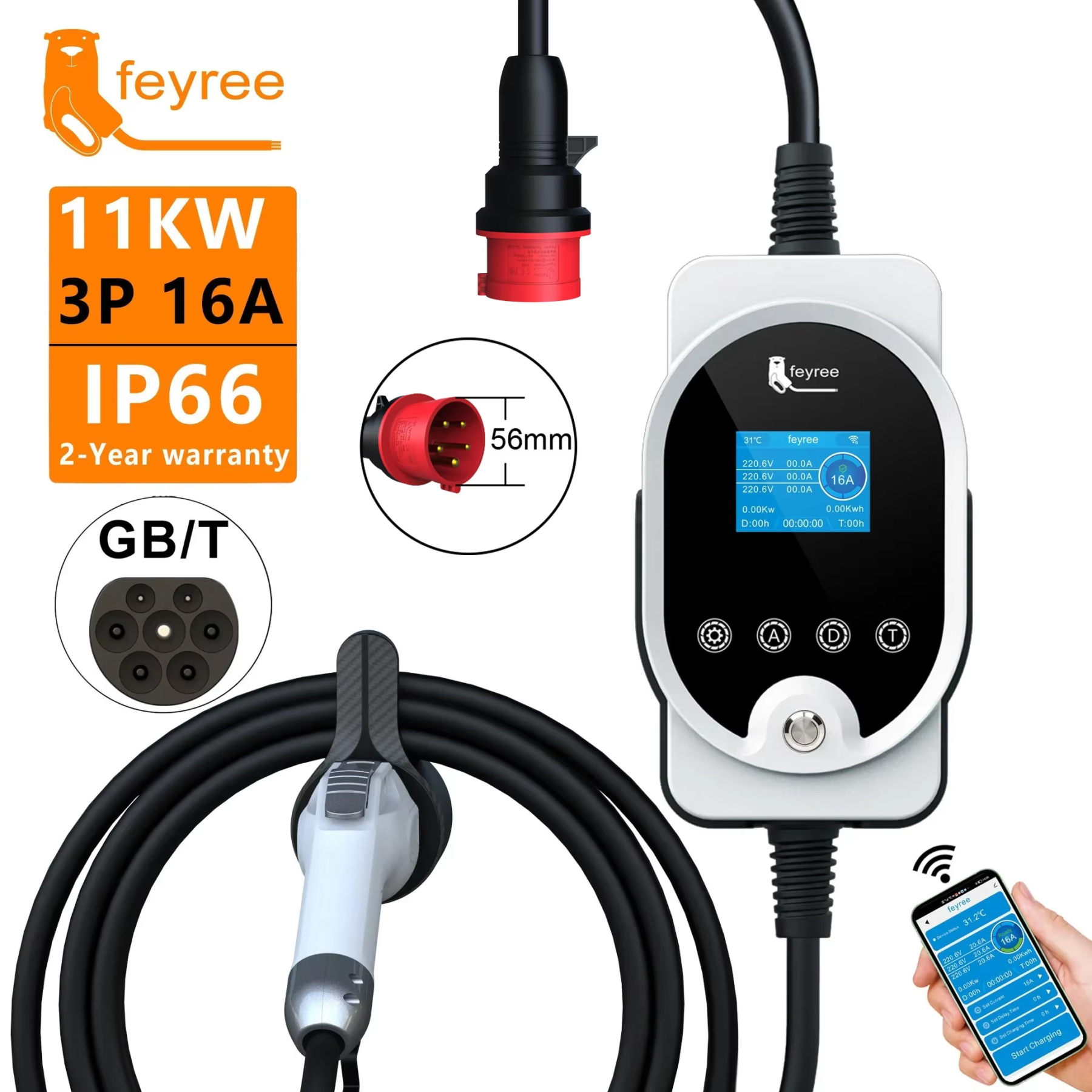 feyree GB/T EV Portable Charger 7KW With App Control
