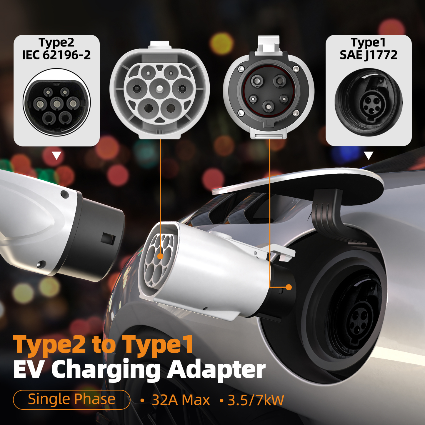 Feyree EV Charger Adapter Type2 to Type1 32A 1Phase 3.5KW 7KW