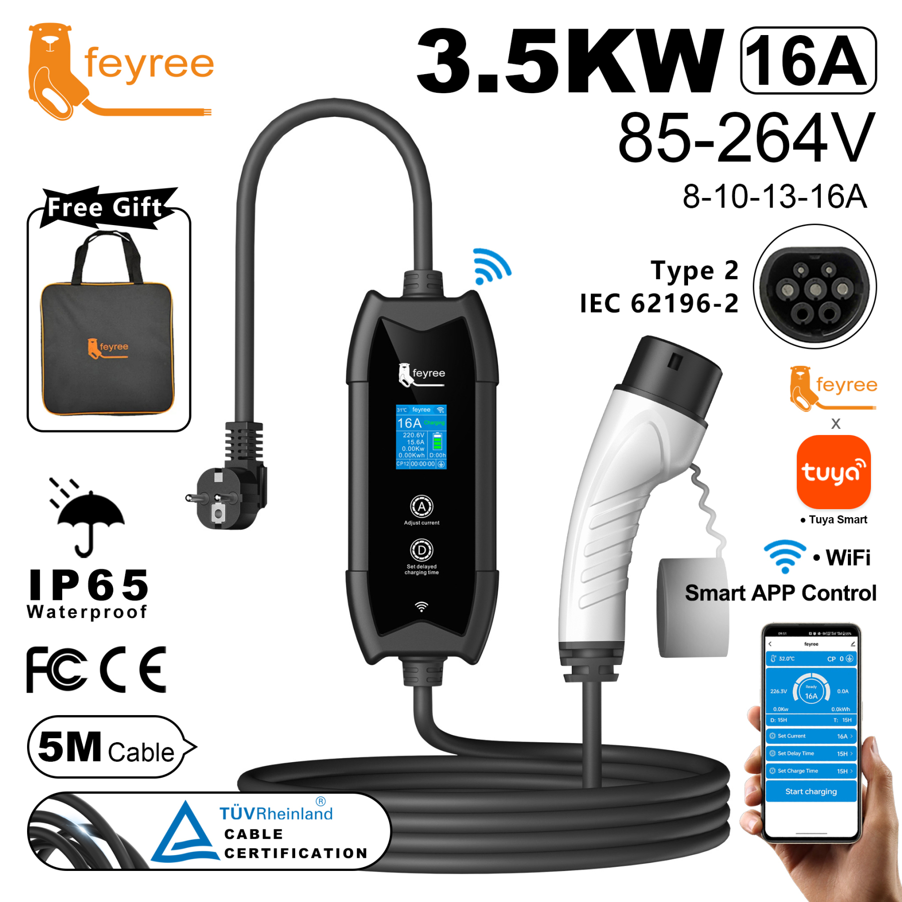 
Portable electric vehicle charger with a 5-meter cable, smart app control, IP65 waterproof rating, and Type 2 connector.