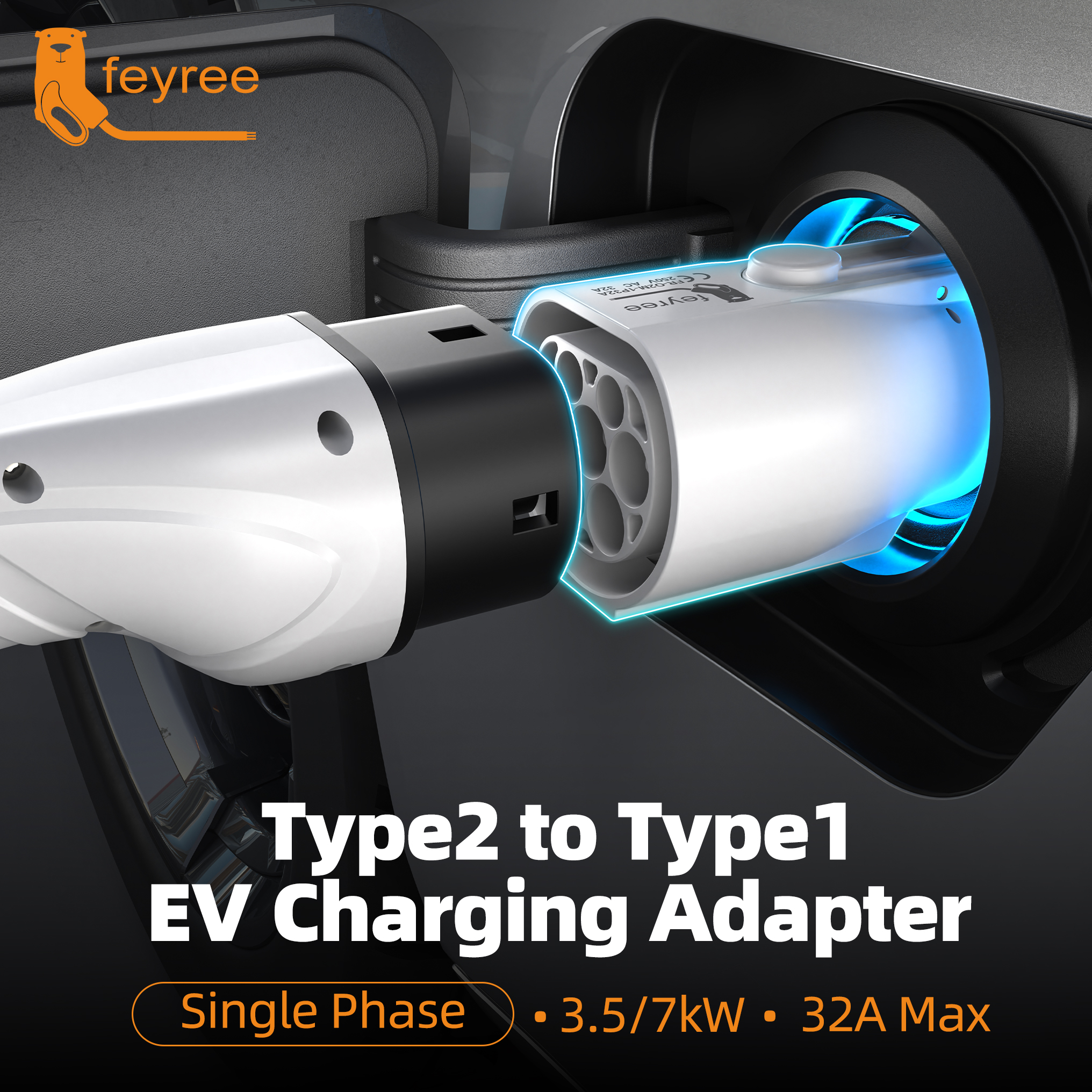 White Type 2 to Type 1 adapter, single-phase 7kW (32A Max) for easy, simple, and fast EV charging.