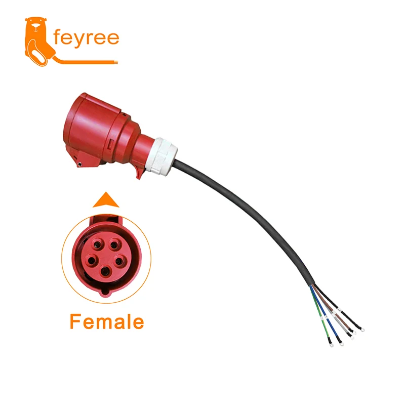 
Red CEE female industrial EV plug with pigtail cable for durable, reliable, and custom high-power charging setup.