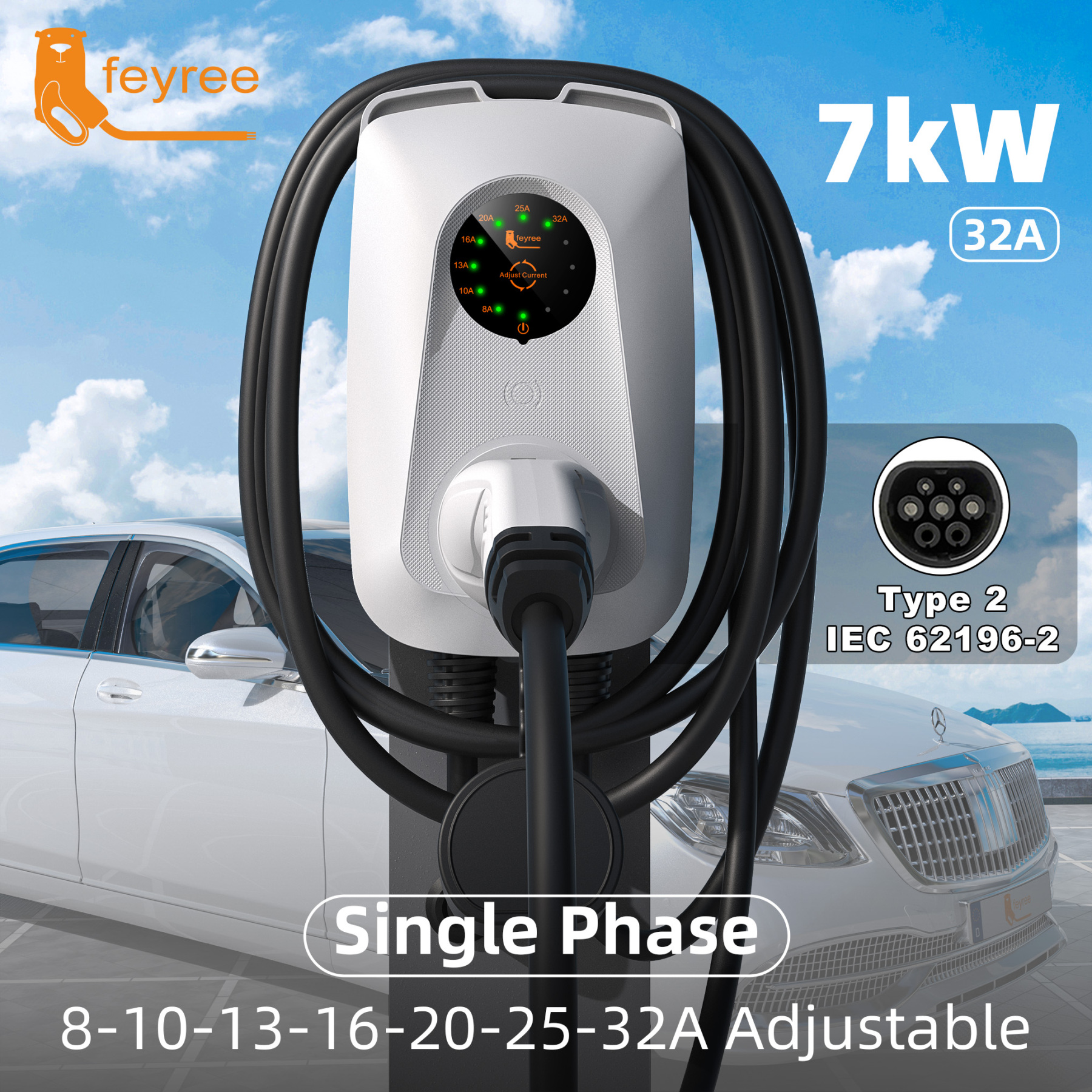 feyreeType2 7KW EV Charger 32A  Adjustable  Fast Charging Socket Version