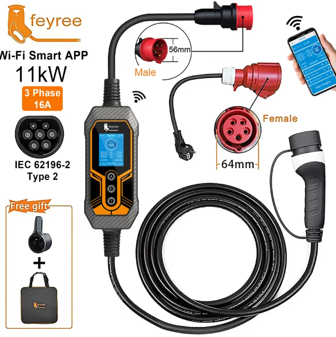 feyree Lion King Type 2 EV Charger : Smart APP Bluetooth 11KW - 16A 3-Phase Portable High-Speed Charging Box (WIFI/APP Control, 5m Cable, CEE Plug)