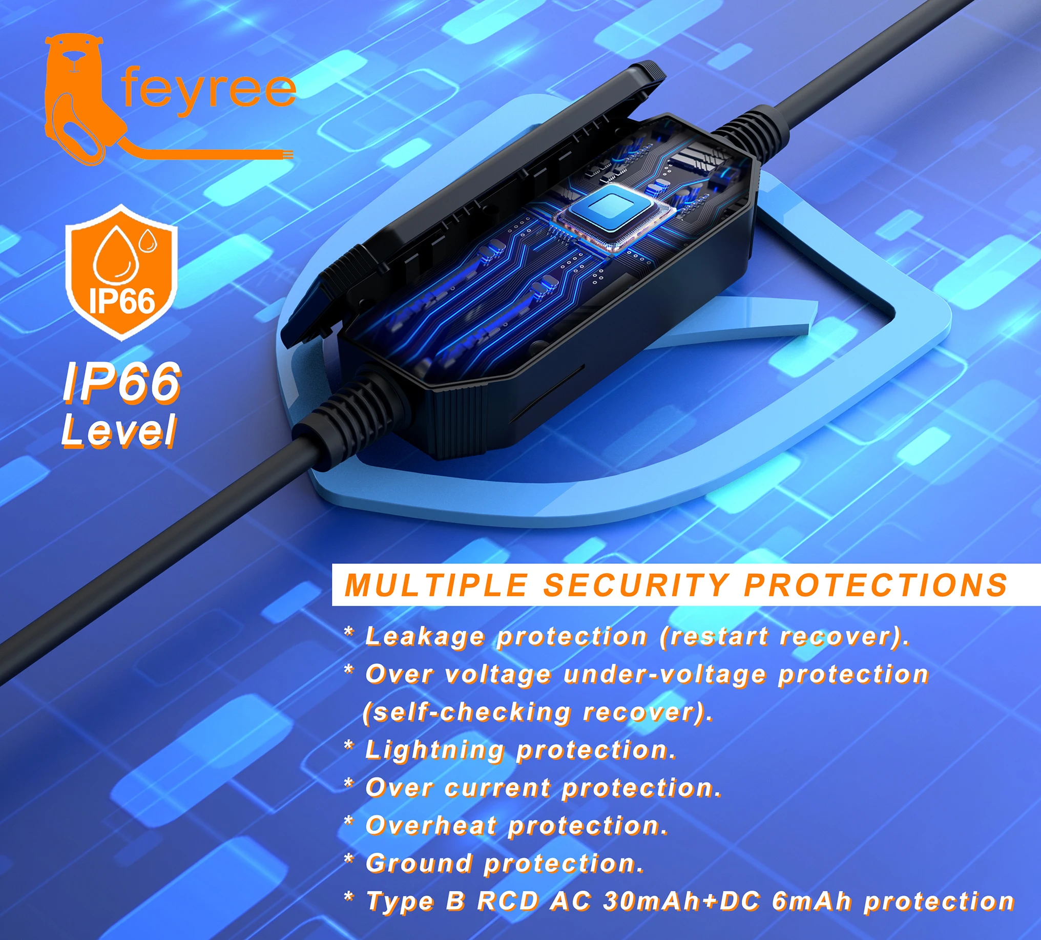 EV charger with all-around protection including overvoltage, overload, short-circuit, and lightning safety
