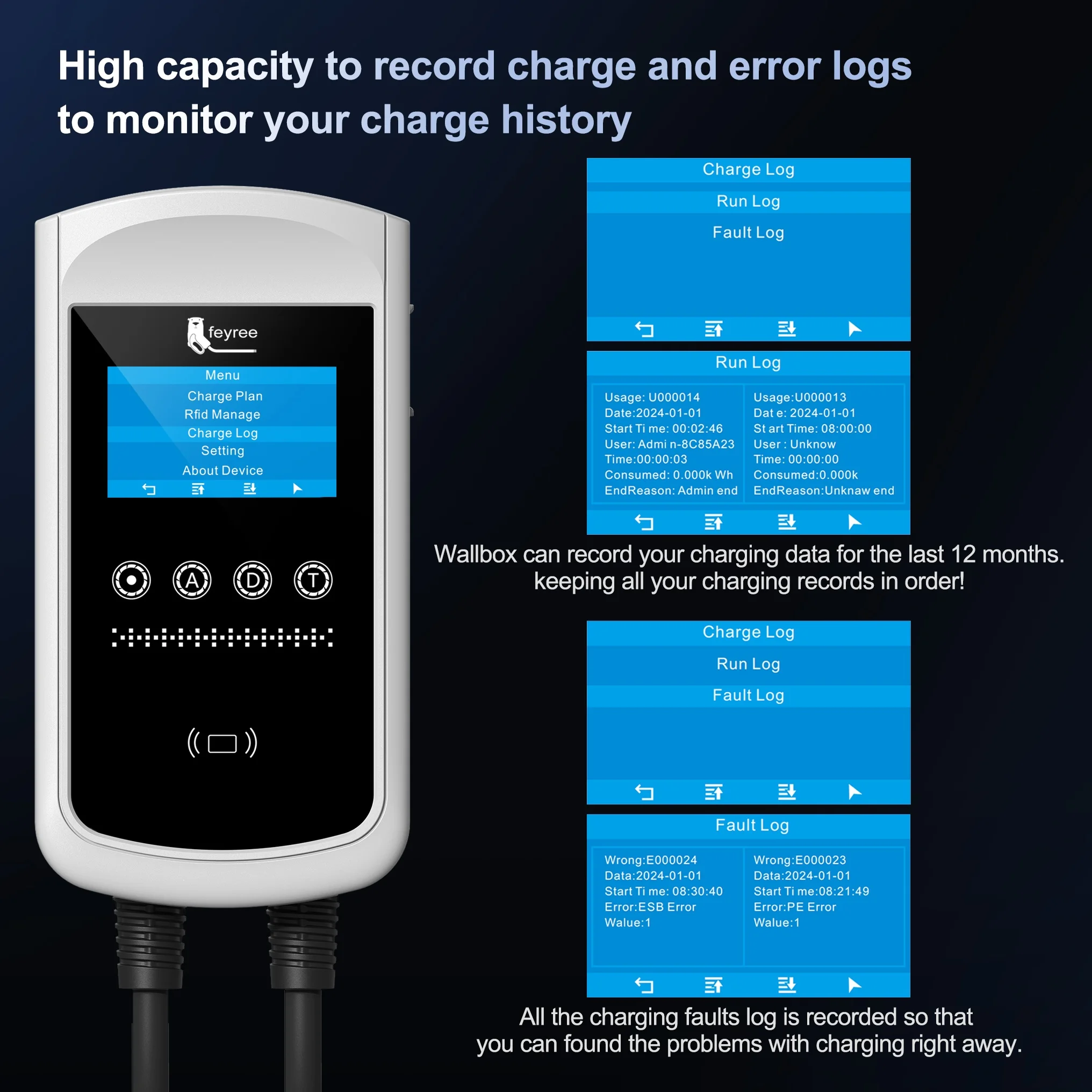 Type 2 EV wallbox charger with 4.3-inch display and RCD Type B leakage protection for maximum safety and reliability.