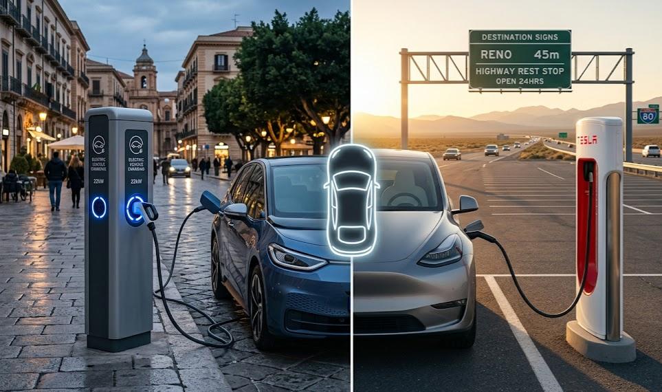 Split-scene of a European urban EV station and a US highway charger with a central car silhouette.