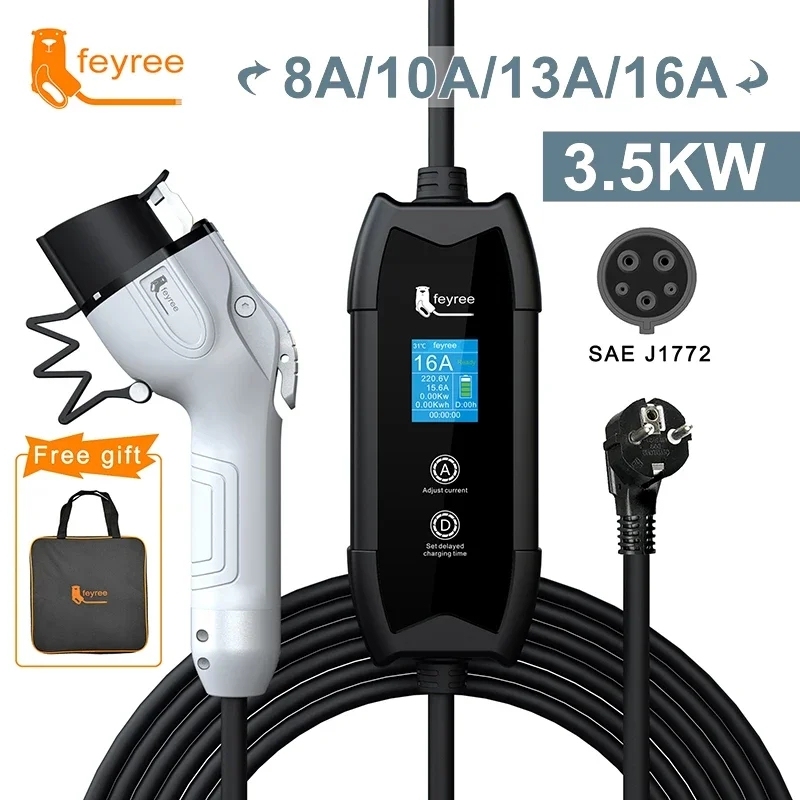 Feyree Portable EV Charger Type 2 GB/T Type1 16A 3.5kW Electric Car 3.