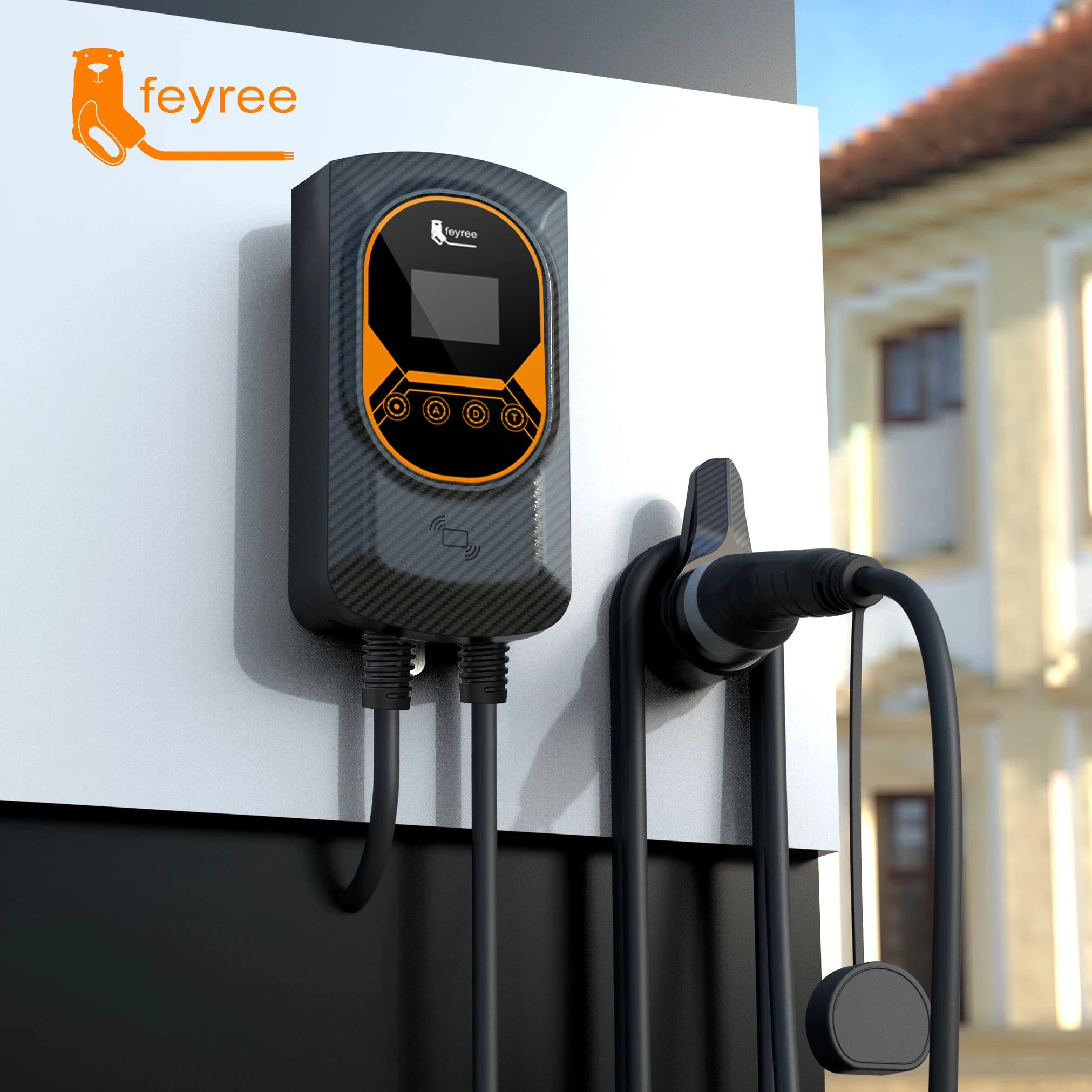 Sleek carbon-look Level 2 home wallbox EV charger mounted outdoors for durable, weatherproof long-term charging.