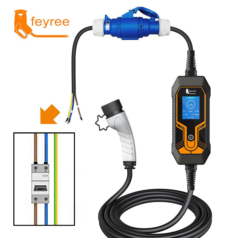 
32A portable EV charger with CEE blue plug and Type 1 gun for safe, flexible home wiring and fast charging.