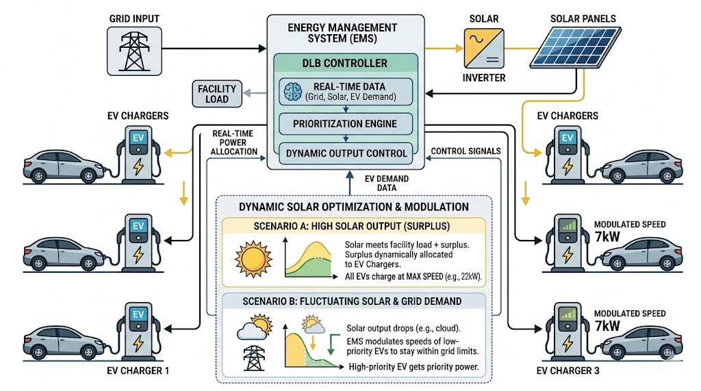 Detailed DLB diagram showing solar surplus optimization and real-time charging speed modulation.