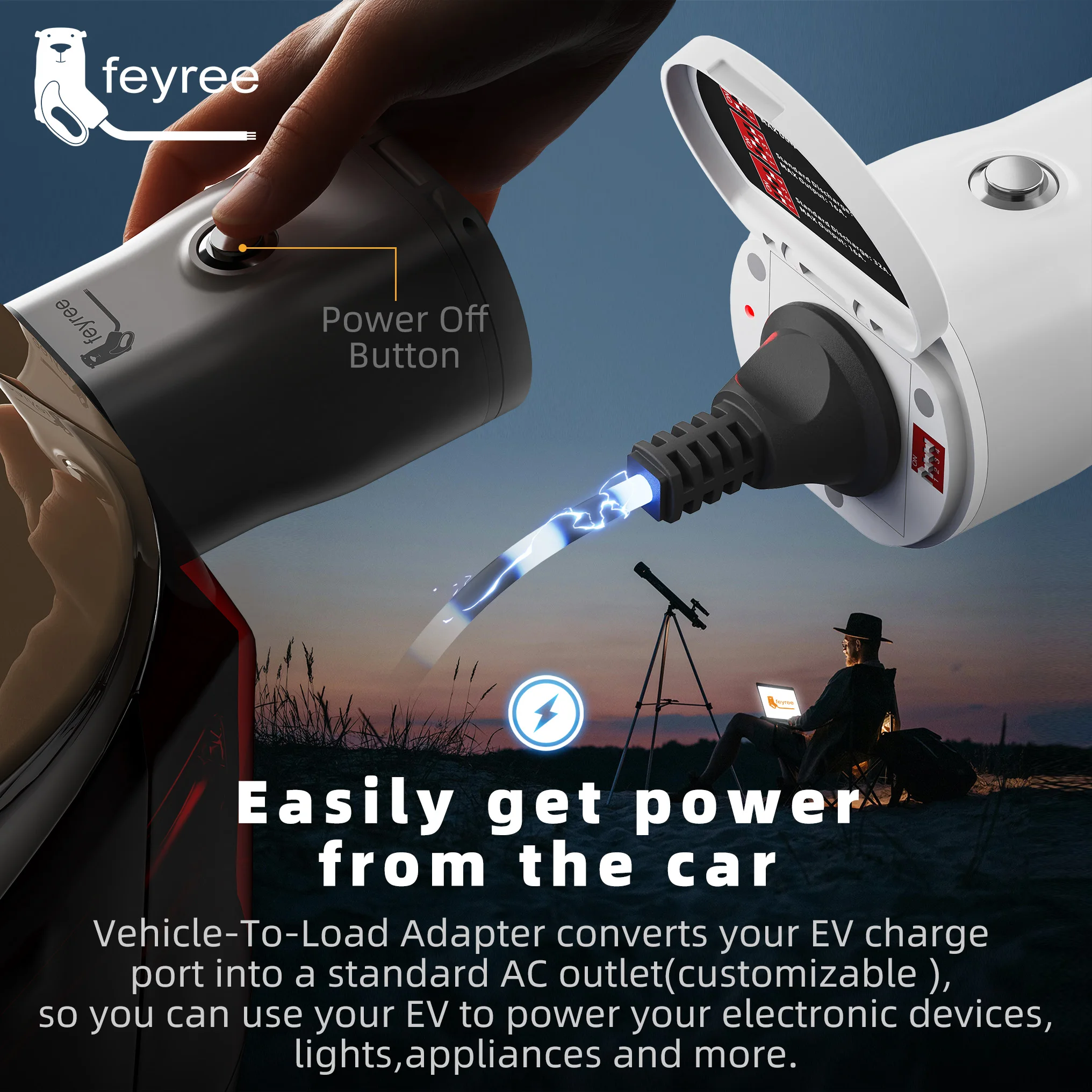 Get power anywhere. This smart EV charger features a Vehicle-To-Load (V2L) adapter, which converts your car's charging port into a standard AC outlet. This allows you to use your electric vehicle to power electronic devices, lights, and appliances, making it a reliable power source on the go.
