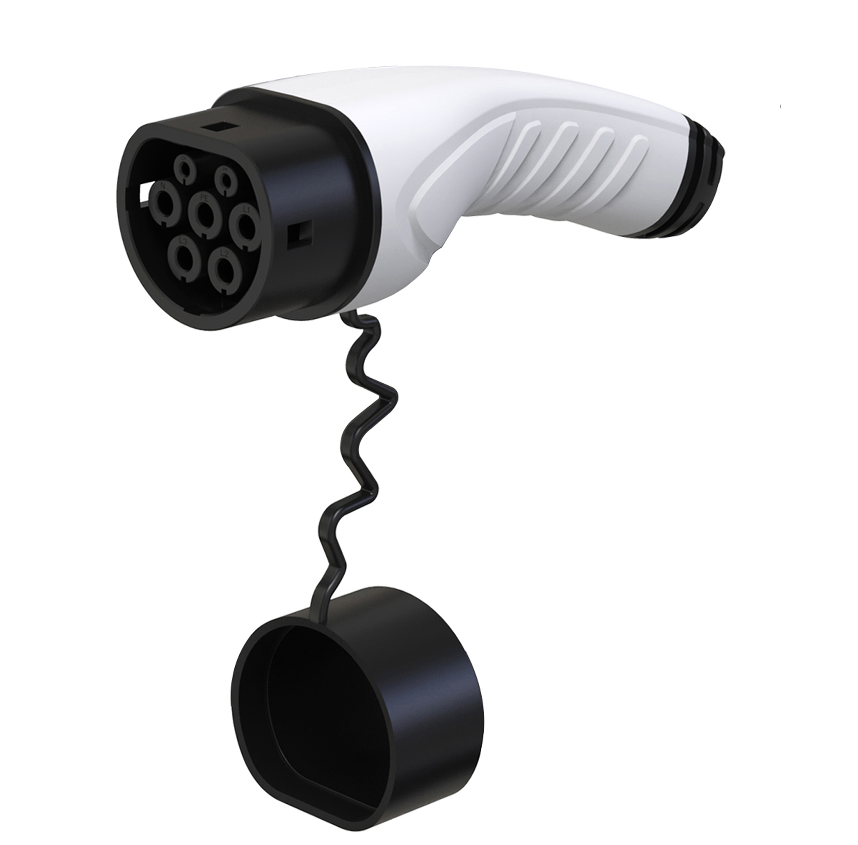 
Durable Type 2 EV charging plug, white and black design with a protective rubber cap, ensuring a secure, weather-resistant connection for all EVs.