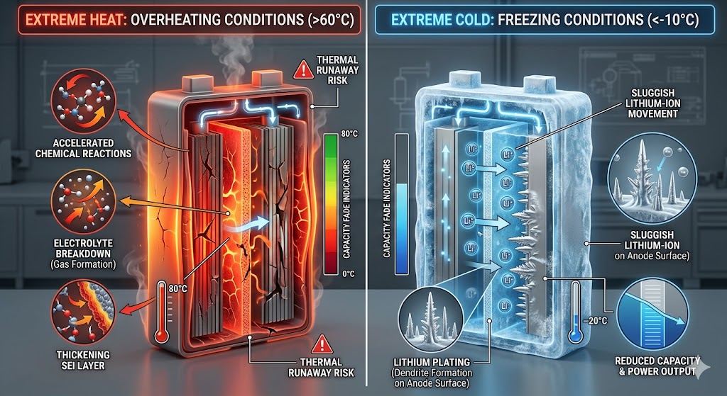 Infographic of EV battery in extreme heat vs cold, showing thermal runaway risks and lithium plating.