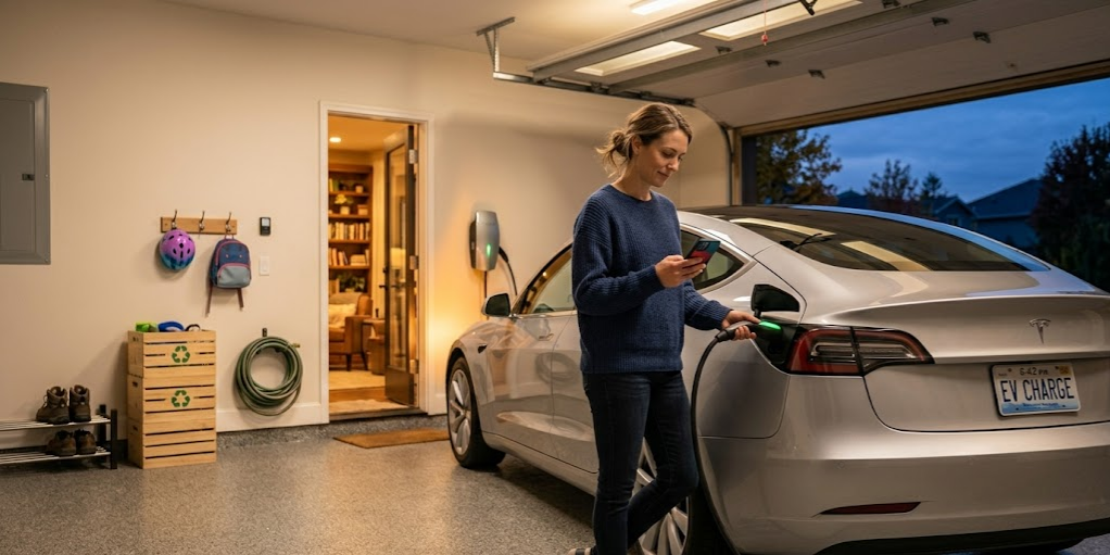 A woman checking her phone while plugging in a silver electric vehicle inside a brightly lit home garage.