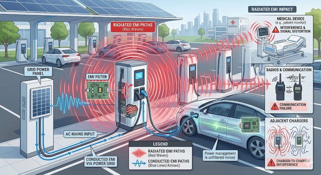 Illustration of conducted and radiated EMI from an EV charger impacting nearby medical devices.