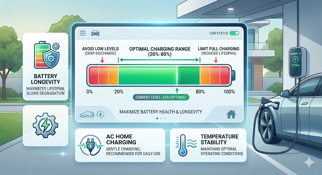 Split view of a cool blue healthy EV battery at 55% vs. a red overheated battery at 100% charge.