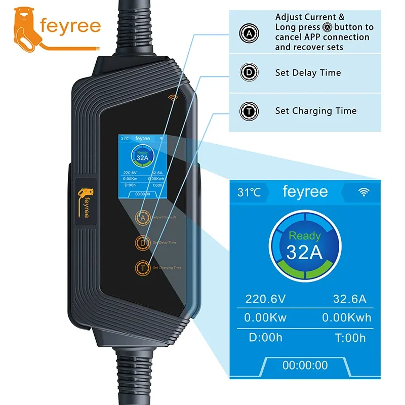 feyree Type1 Portable EV Charger 7KW 32A 1Phase J1772 Socket with 5m Cable Smart APP WIFI Control Version for Electric Vehicle-feyree